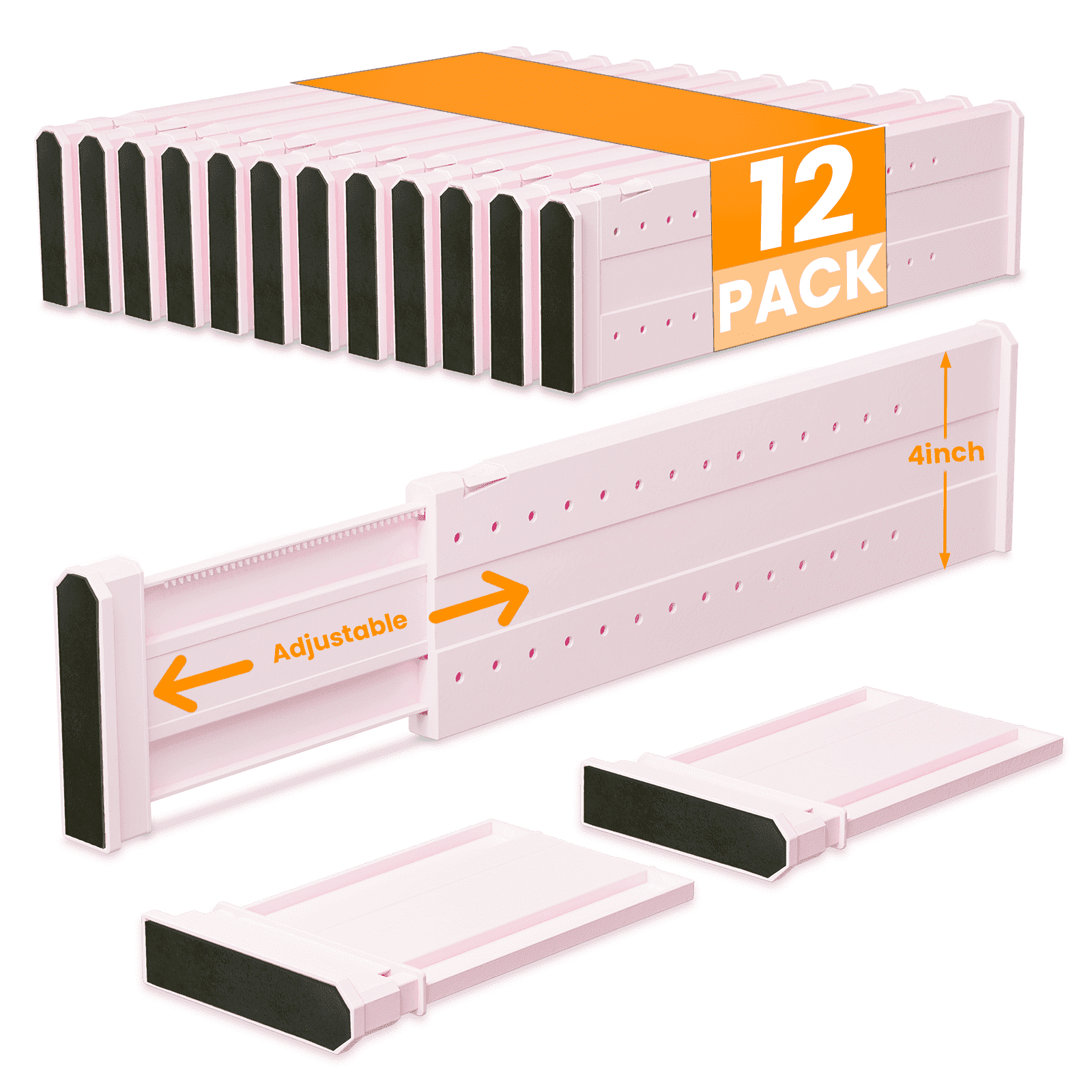 LLMRR 12 Pack Drawer Dividers, 4" High, 15-21" Adjustable Drawer Divider for clothes, Expandable Baby Dresser Organizer for Baby Clothes, Bedroom and Office Storage, 12 Pack, Pink