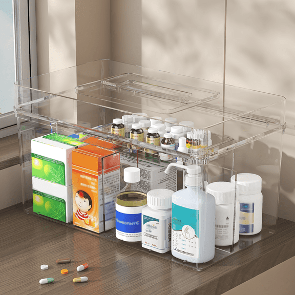 LLMRR 2 Layer Clear Medicine Box, Plastic First Aid Organizer with Removable Tray, Medicine Organizer with Handle, Multipurpose Medicine Kit for College Student, Dorm, Office