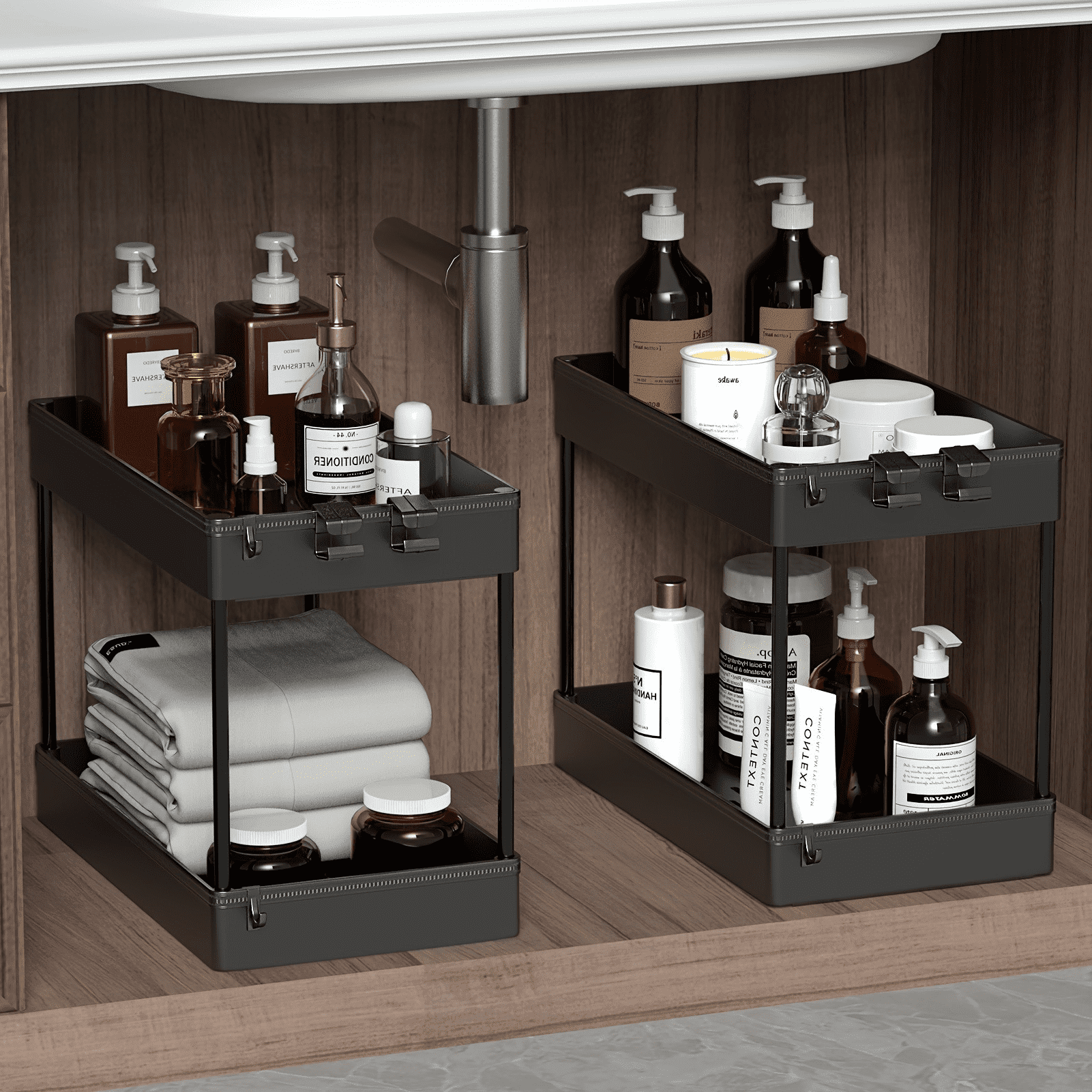LLMRR 2 Pack Under Sink Organizer, Bathroom Cabinet Organizer, Under Sink Organizers and Storage, Kitchen Cabinet Organizer with Hooks for Kitchen, Bathroom, Black, 2 Pack