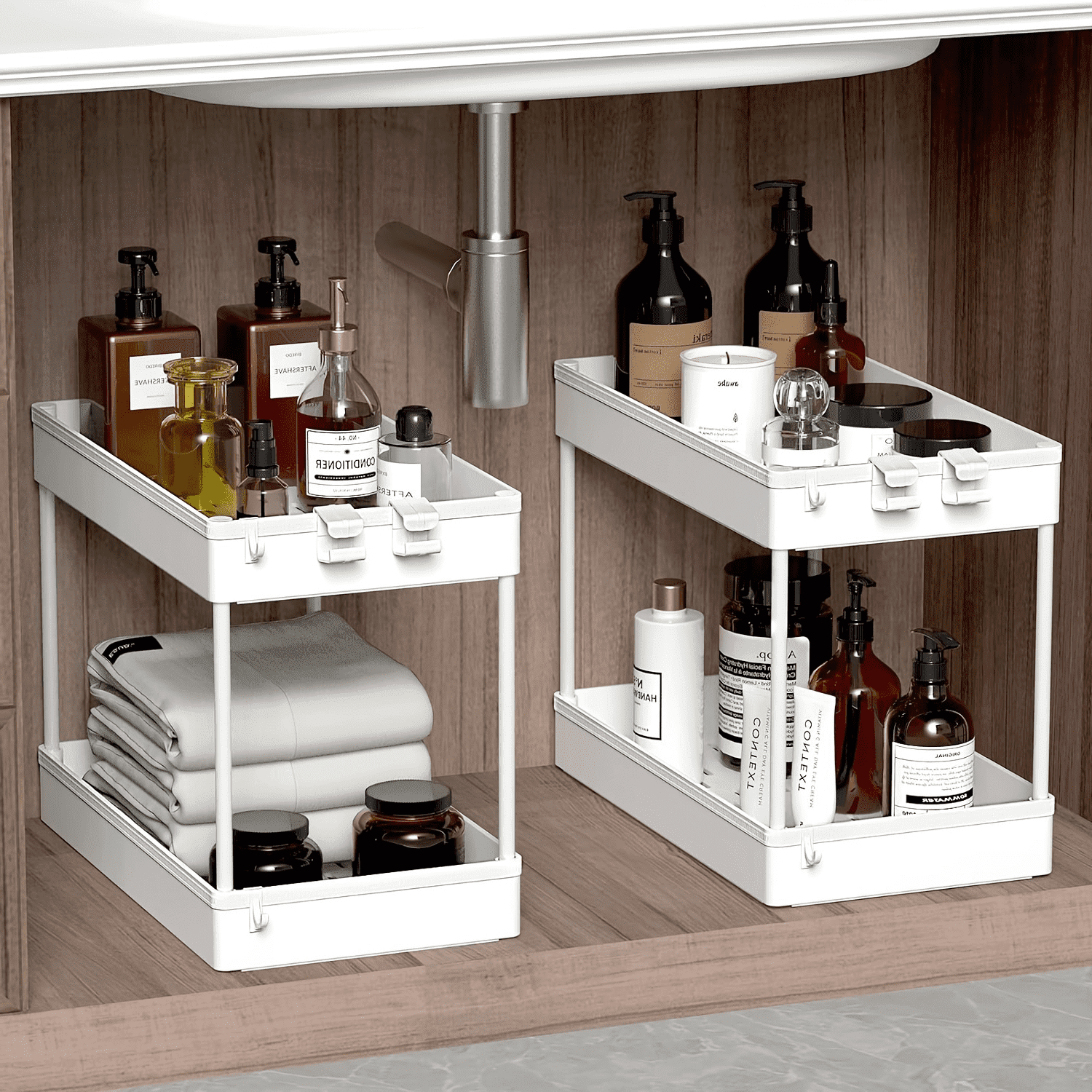 LLMRR 2 Pack Under Sink Organizer, Bathroom Cabinet Organizer, Under Sink Organizers and Storage, Kitchen Cabinet Organizer with Hooks for Kitchen, Bathroom, White, 2 Pack