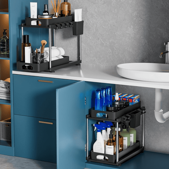 LLMRR 2 Pack Under Sink Organizer, Under Sink Organizers with 2 Drawers, 2 Tier Pull Out Kitchen Sink Organizer, Height Adjustable Kitchen Cabinet Organizer for Kitchen, Bathroom, Black, 2 Pack