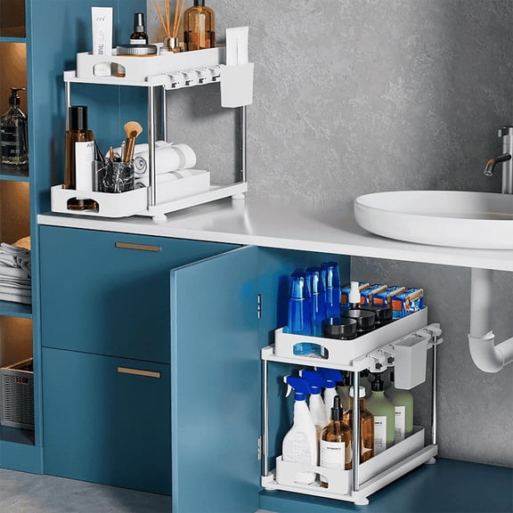 LLMRR 2 Pack Under Sink Organizer, Under Sink Organizers with 2 Drawers, 2 Tier Pull Out Kitchen Sink Organizer, Height Adjustable Kitchen Cabinet Organizer for Kitchen, Bathroom, White, 2 Pack