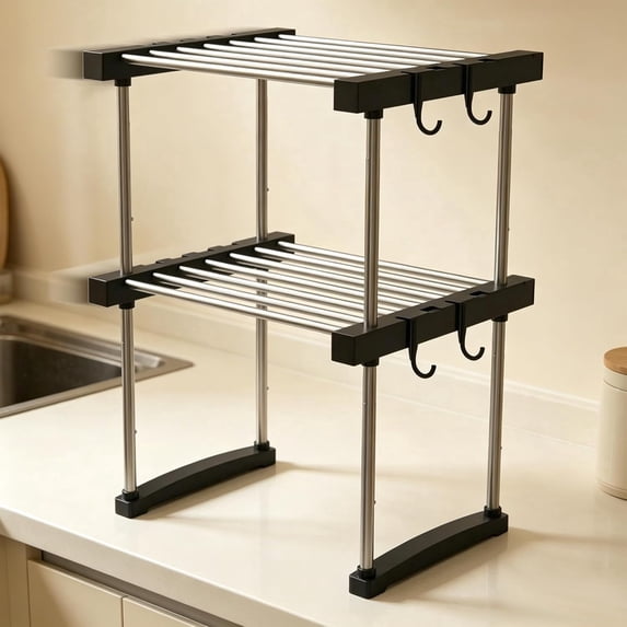 LLMRR 2-Tier Expandable Under Sink Storage Organizer, Adjustable Heavy-Duty Stainless Steel Cabinet Shelf with Detachable Hooks, Stackable Storage Rack for Kitchen Pantry, Black, 2 Pack