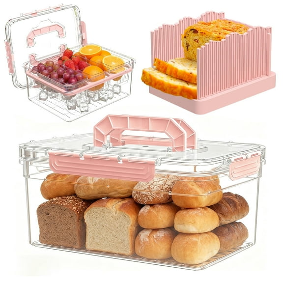 LLMRR 2-in-1 Bread Slicer, Foldable Bread Slicing Guide Adjustable Width, Chilled Condiment Server with 3 Separate Containers, Freezer Organizer, Fruit Tray, Veggie Tray, Pink