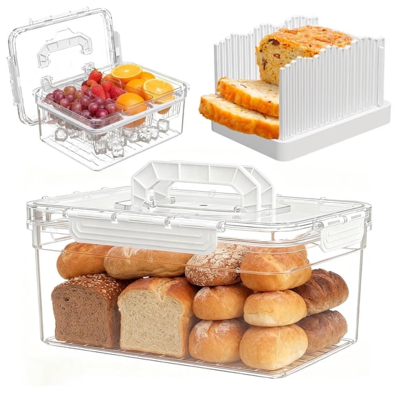 LLMRR 2-in-1 Bread Slicer, Foldable Bread Slicing Guide Adjustable Width, Chilled Condiment Server with 3 Separate Containers, Freezer Organizer, Fruit Tray, Veggie Tray, White