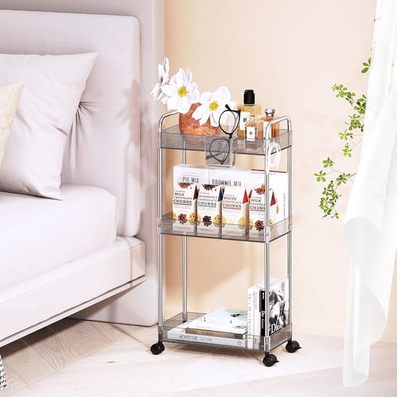 LLMRR 3-Tier Acrylic Rolling Utility Cart with Wheels, Multi-Functional Storage Trolley for Office, Mobile Shelving Unit Multifunction Rolling Utility Cart, Gray
