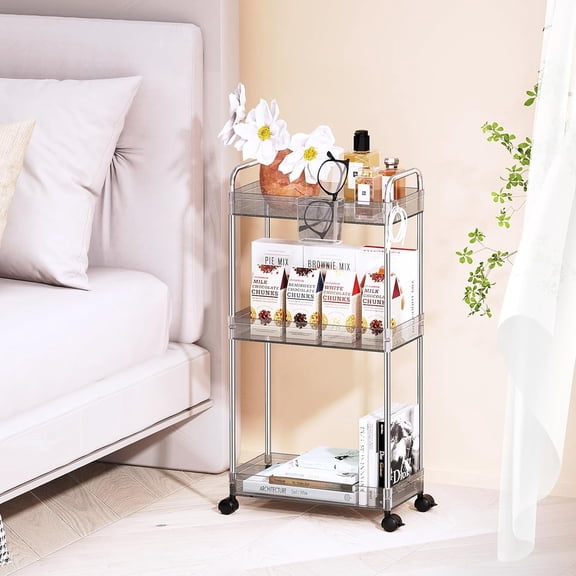LLMRR 3-Tier Acrylic Rolling Utility Cart with Wheels, Multi-Functional Storage Trolley for Office, Mobile Shelving Unit Multifunction Rolling Utility Cart, Gray