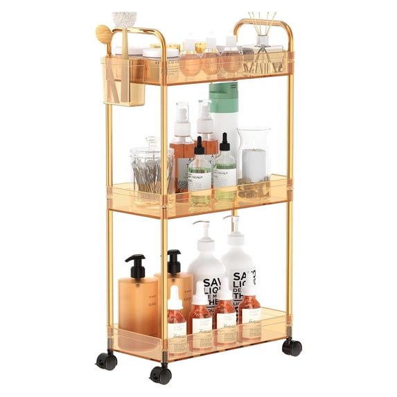 LLMRR 3-Tier Acrylic Rolling Utility Cart with Wheels, Multi-Functional Storage Trolley for Office, Mobile Shelving Unit Multifunction Rolling Utility Cart, Orange