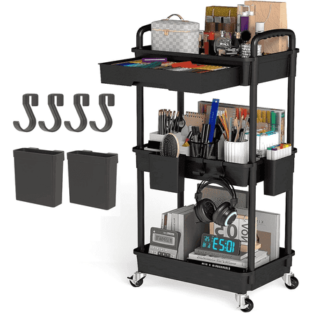 LLMRR 3 Tier Rolling Utility Cart with Drawer, Cart with Drawer & Handle, Bathroom Cart Organizer, Rolling Storage Cart with Drawer, Rolling Cart with Lockable Wheels for Kitchen, Office, Black