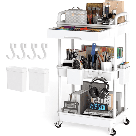 LLMRR 3 Tier Rolling Utility Cart with Drawer, Cart with Drawer & Handle, Bathroom Cart Organizer, Rolling Storage Cart with Drawer, Rolling Cart with Lockable Wheels for Kitchen, Office, White