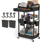 LLMRR 3 Tier Rolling Utility Cart with Drawer, Cart with Drawer & Handle, Bathroom Cart Organizer, Rolling Storage Cart with Drawer, Rolling Cart with Lockable Wheels for Kitchen, Office, Black