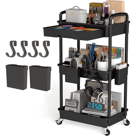 LLMRR 3 Tier Rolling Utility Cart with Removable Drawer and Handle, Mobile Storage Cart with Wheels, Lockable Organizer Cart for Bathroom, Kitchen, Laundry Room, Snack, Office, Craft, Black