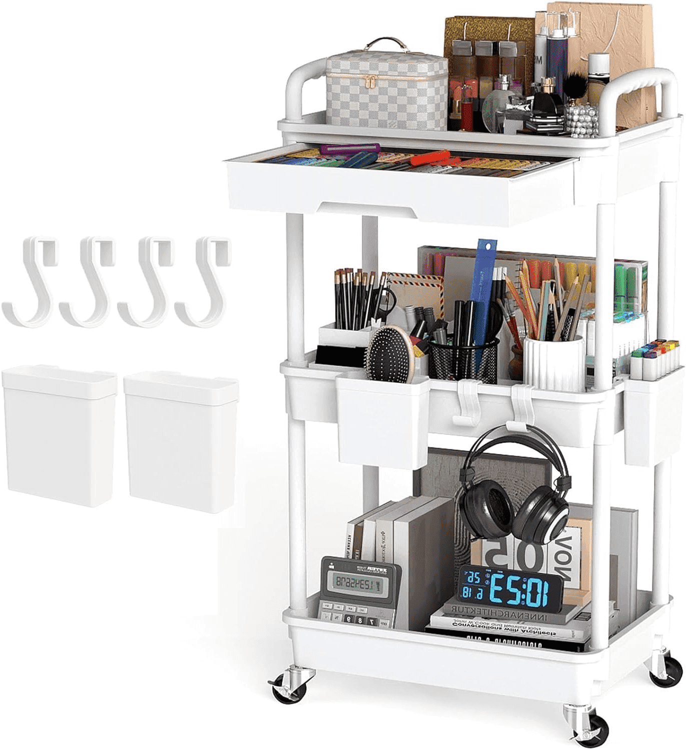LLMRR 3 Tier Rolling Utility Cart Drawer Drawer Handle Bathroom Organizer Storage Lockable Wheels Kitchen Office Black