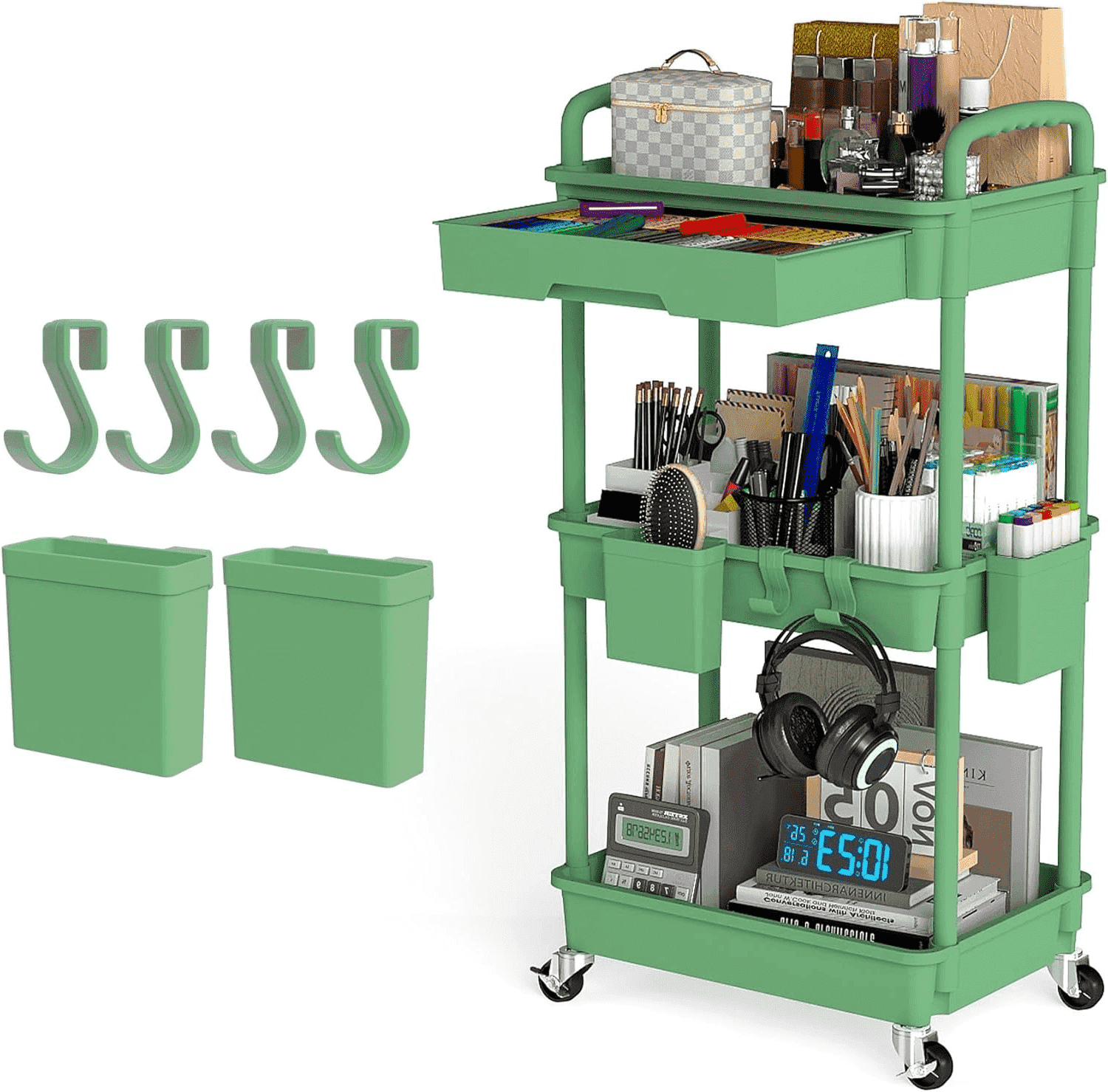 LLMRR 3 Tier Rolling Utility Cart with Drawer, Cart with Drawer & Handle, Bathroom Cart Organizer, Rolling Storage Cart with Drawer, Rolling Cart with Lockable Wheels for Kitchen, Office, Green