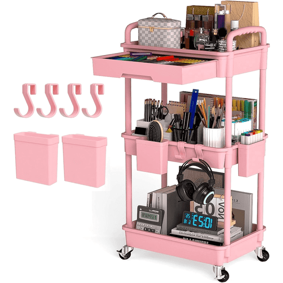 3 Tier Rolling Utility Cart Organizer with Removable Drawer, Stable and ...