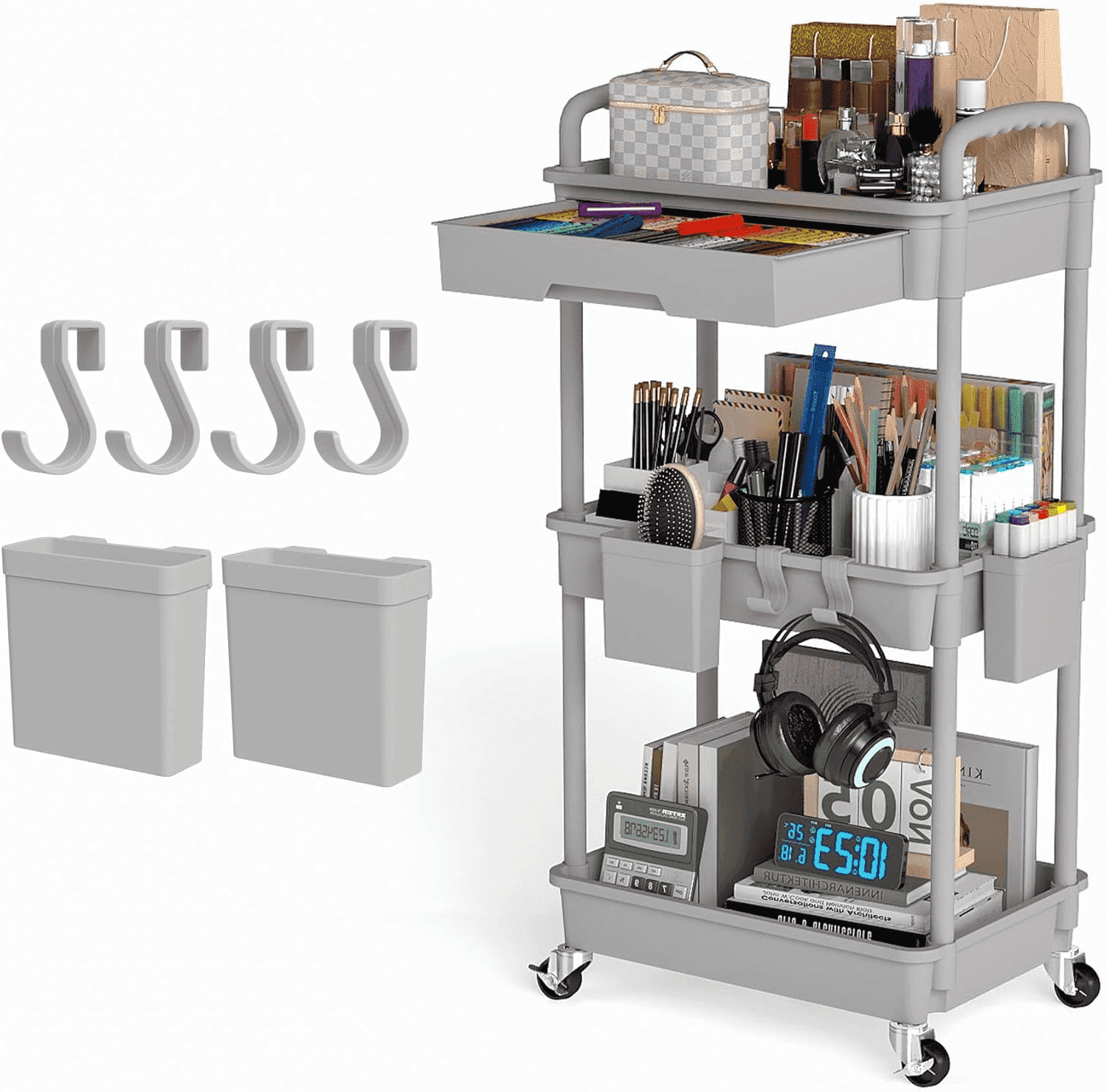 LLMRR 3 Tier Rolling Utility Cart with Drawer, Cart with Drawer & Handle, Bathroom Cart Organizer, Rolling Storage Cart with Drawer, Rolling Cart with Lockable Wheels for Kitchen, Office, Gray