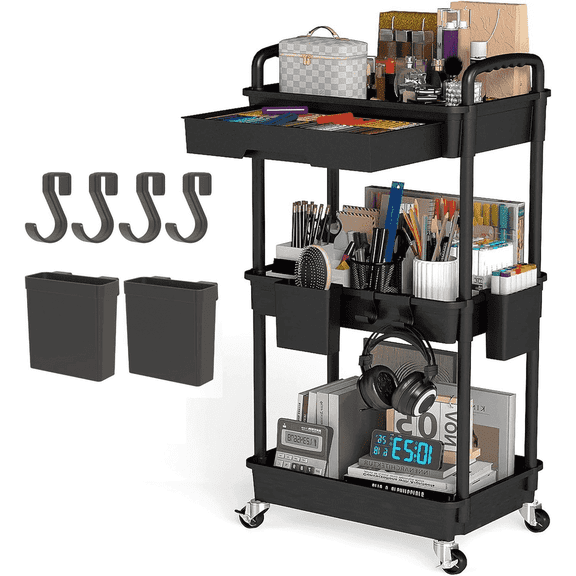 LLMRR 3 Tier Rolling Utility Cart with Removable Drawer and Handle, Mobile Storage Cart with Wheels, Lockable Organizer Cart for Bathroom, Kitchen, Laundry Room, Snack, Office, Craft, Black