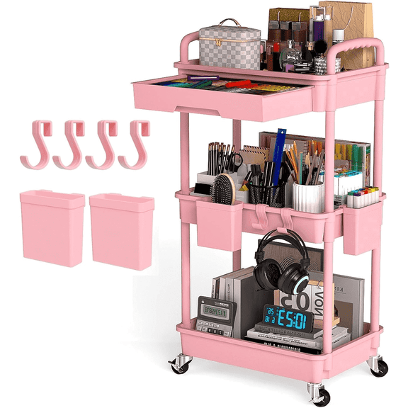 LLMRR 3 Tier Rolling Utility Cart with Drawer and Handle, Pink, Lockable Wheels