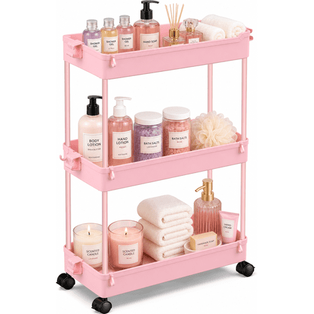 LLMRR 3 Tier Slim Rolling Storage Cart with wheels, Bathroom Storage Organizer, Kitchen Utility Cart, Narrow Shelf & Mobile Shelving Unit for Bathroom, Kitchen, Narrow Places, 3 Tier, Pink
