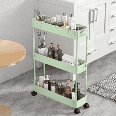 LLMRR 3 Tier Slim Rolling Cart, Bathroom Storage Cart with Lockable Wheels, Storage Organizer, Mobile Shelving Unit Cart for Bathroom, Laundry Room, Kitchen and Office, Green