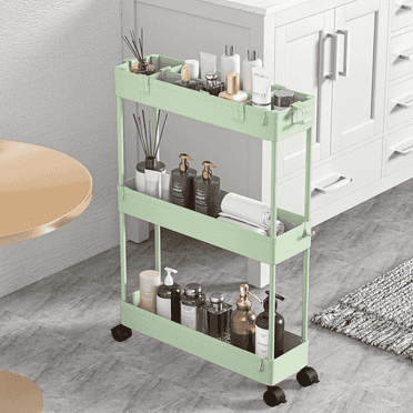 LLMRR 3 Tier Slim Rolling Cart, Bathroom Storage Cart with Lockable Wheels, Storage Organizer, Mobile Shelving Unit Cart for Bathroom, Laundry Room, Kitchen and Office, Green