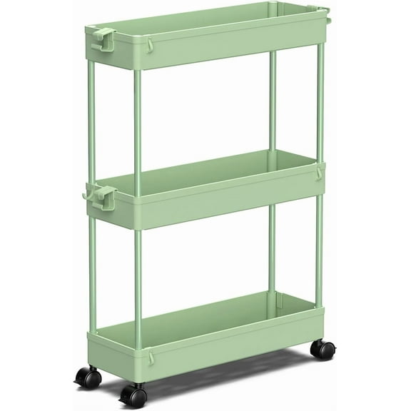 LLMRR 3 Tier Slim Rolling Cart, Bathroom Storage Cart with Lockable Wheels, Storage Organizer, Mobile Shelving Unit Cart for Bathroom, Laundry Room, Kitchen and Office, Green