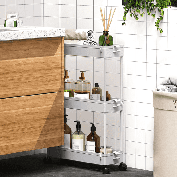 LLMRR 3 Tier Slim Rolling Cart Grey with Lockable Wheels Storage Organizer