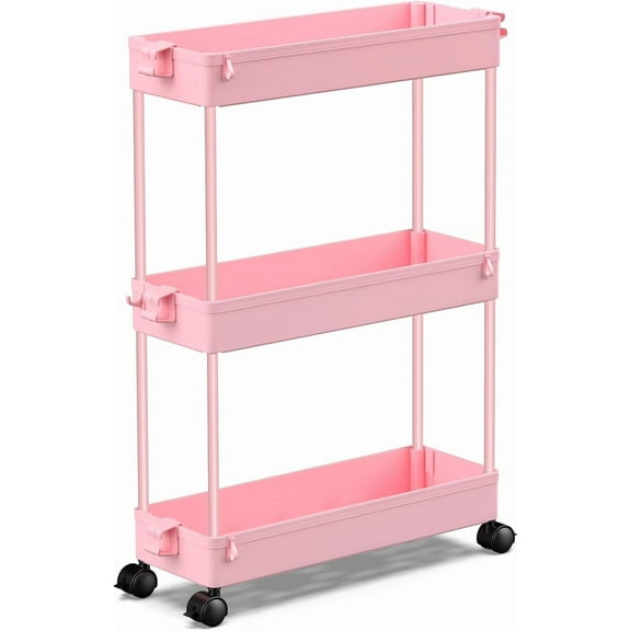 LLMRR 3 Tier Slim Rolling Cart with Lockable Wheels, Pink