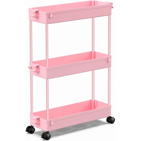 3-Tier Rolling Utility Cart, Multi-Functional Storage Trolley for Office, Living Room, Kitchen, Movable Storage Organizer with Wheels, Pink