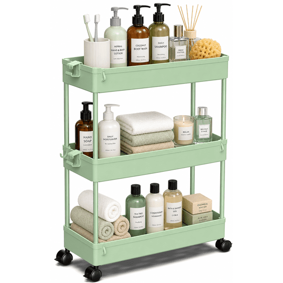 LLMRR 3 Tier Slim Rolling Storage Cart with wheels, Bathroom Storage Organizer, Kitchen Utility Cart, Narrow Shelf & Mobile Shelving Unit for Bathroom, Kitchen, Narrow Places, 3 Tier, Green