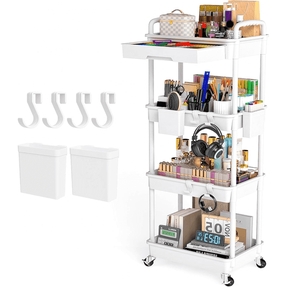 LLMRR 4 Tier Rolling Utility Cart with Drawer, Cart with Drawer & Handle, Bathroom Cart Organizer, Rolling Storage Cart with Drawer, Rolling Cart with Lockable Wheels for Kitchen, Office, White