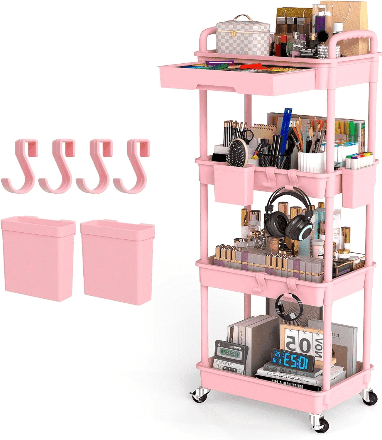 LLMRR 4 Tier Rolling Utility Cart with Drawer, Cart with Drawer & Handle, Bathroom Cart Organizer, Rolling Storage Cart with Drawer, Rolling Cart with Lockable Wheels for Kitchen, Office, Pink