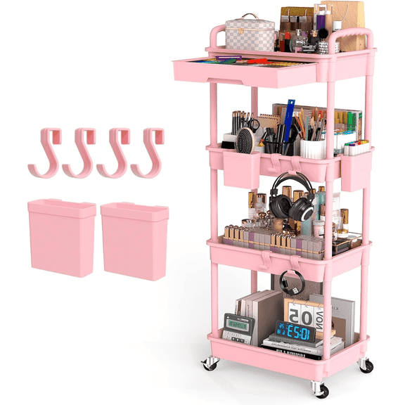 LLMRR 4 Tier Rolling Utility Cart with Drawer, Cart with Drawer & Handle, Bathroom Cart Organizer, Rolling Storage Cart with Drawer, Rolling Cart with Lockable Wheels for Kitchen, Office, Pink