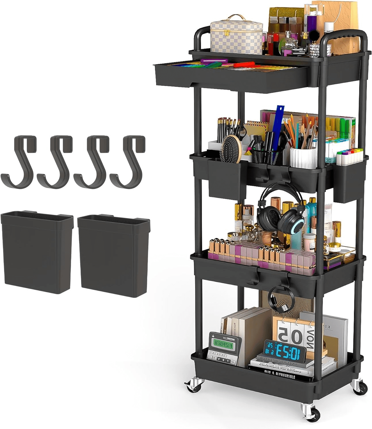 LLMRR 3 Tier Rolling Utility Cart Drawer Drawer Handle Bathroom Organizer Storage Lockable Wheels Kitchen Office Black