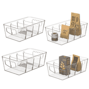 LLMRR 4pcs Fridge Organizer, Clear Storage Bins, Plastic Storage Baskets with Removable Dividers, Refrigerator Containers with Handles for Fridge, Pantry, Cabinet, Kitchen, 4 PCS