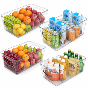 LLMRR 4pcs Fridge Organizer, Clear Storage Bins, Plastic Storage Baskets with Removable Dividers, Refrigerator Containers with Handles for Fridge, Pantry, Cabinet, Kitchen, 4 PCS