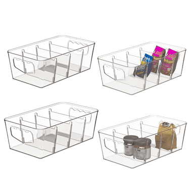 LLMRR 4pcs Fridge Organizer, Clear Storage Bins, Plastic Storage Baskets with Removable Dividers, Refrigerator Containers with Handles for Fridge, Pantry, Cabinet, Kitchen, 4 PCS