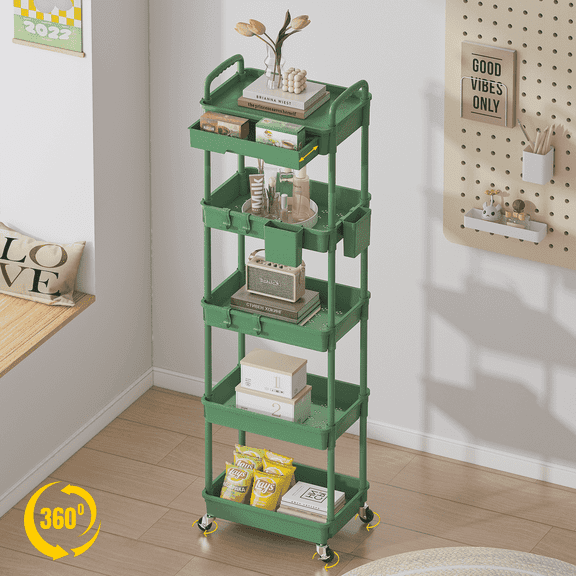 LLMRR 5 Tier Rolling Cart with Drawer, Utility cart with Handle, Bathroom Cart, Snack Cart, Storage Organizer with Lockable Wheels, Rolling Storage Cart for Kitchen, Bathroom, Office, Green, 5 Tier