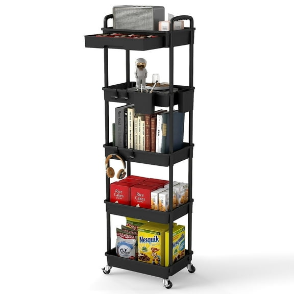 LLMRR 5 Tier Rolling Cart with Drawer, Utility cart with Handle, Bathroom Cart, Snack Cart, Storage Organizer with Lockable Wheels, Rolling Storage Cart for Kitchen, Bathroom, Office, Black, 5 Tier