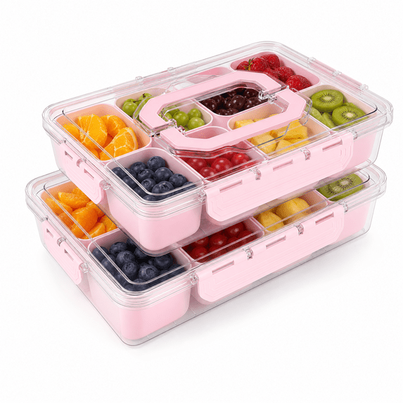 LLMRR Snackle Box Container, 8 Compartments, Divided, Portable, Clear, with Lid and Handle, Pink, 2 Pack