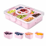 LLMRR Snackle Box Container, 8 Compartments, Divided, Portable, Clear, with Lid and Handle, Pink, 2 Pack