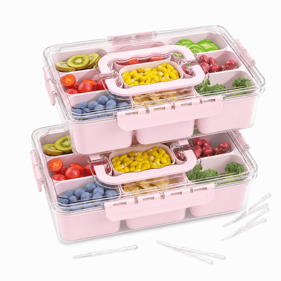 LLMRR 9 Compartments Snackle Box Container, Divided Serving Tray with Lid and Handle, Portable Clear Snackle Box, Snack Box & Fruit Tray for Road Travel, Party, Veggie, Fruit, Candy, 2 Pack, Pink