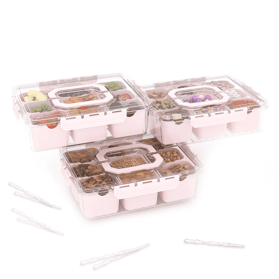 LLMRR 9 Compartments Snackle Box Container, Divided Serving Tray with Lid and Handle, Portable Clear Snackle Box, Snack Box & Fruit Tray for Road Travel, Party, Veggie, Fruit, Candy, 3 Pack, Pink