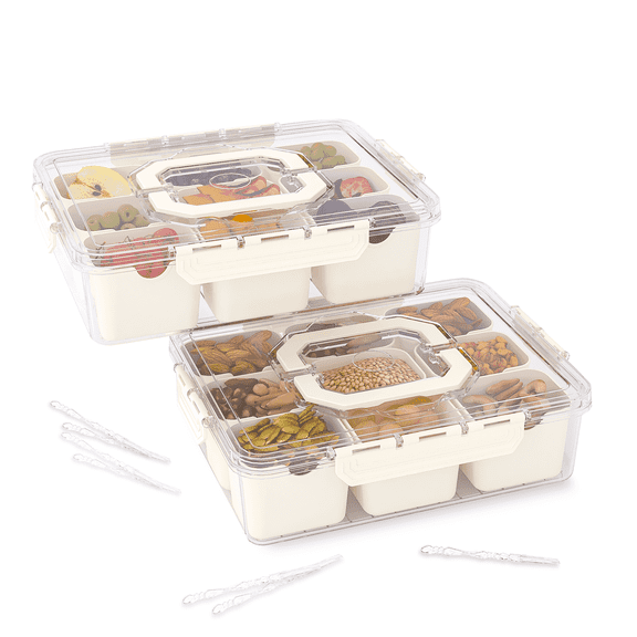 LLMRR 9 Compartments Snackle Box Container, Divided Serving Tray with Lid and Handle, Portable Clear Snackle Box, Snack Box & Fruit Tray for Road Travel, Party, Veggie, Fruit, Candy, 2 Pack, Beige