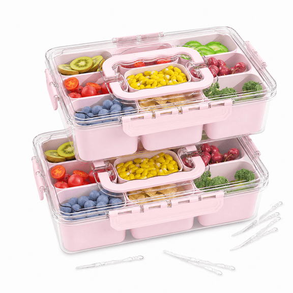 LLMRR 9 Compartments Snackle Box Container, Divided Serving Tray with Lid and Handle, Portable Clear Snackle Box, Snack Box & Fruit Tray for Road Travel, Party, Veggie, Fruit, Candy, 2 Pack, Pink