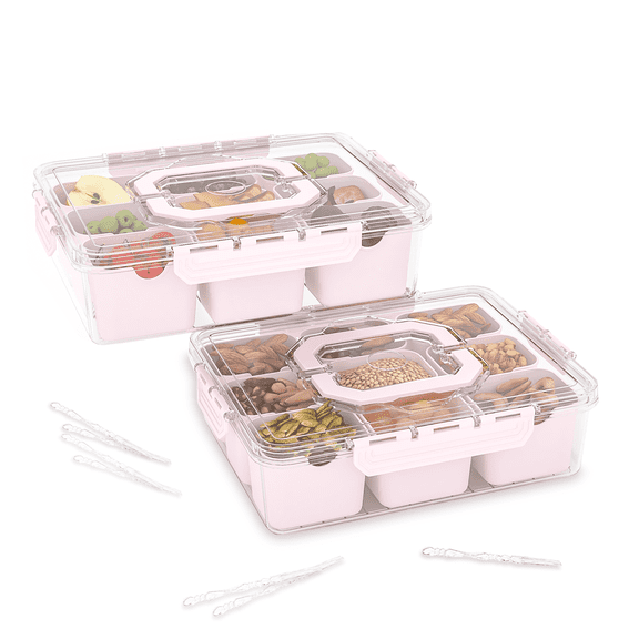 LLMRR 9 Compartments Snackle Box Container, Divided Serving Tray with Lid and Handle, Portable Clear Snackle Box, Snack Box & Fruit Tray for Road Travel, Party, Veggie, Fruit, Candy, 2 Pack, Pink