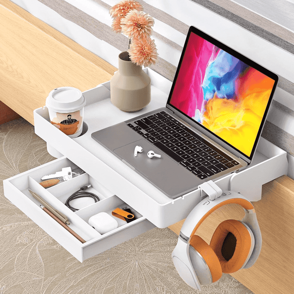 LLMRR Bedside Shelf, Foldable Bunk Bed Shelf, Attachable Bedside Table with Hooks, College Dorm Room Essentials, Bedside Caddy Tray Organizer for Loft Bed, Dorm Bed, White, with Drawer