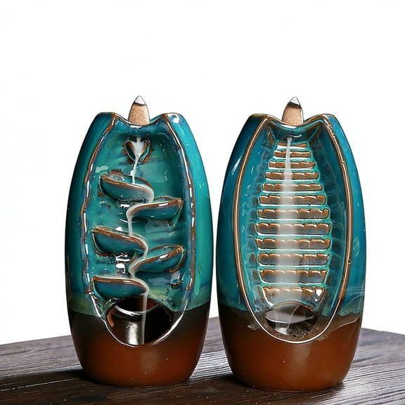 LLMRR Ceramic Waterfall Incense Burner, Backflow Incense Burner, Ornament Home Decor with 30 Incense Stick & 120 Backflow Incense Cones, Aromatherapy Ornament for Office, Yoga, Navy Blue, Double Side