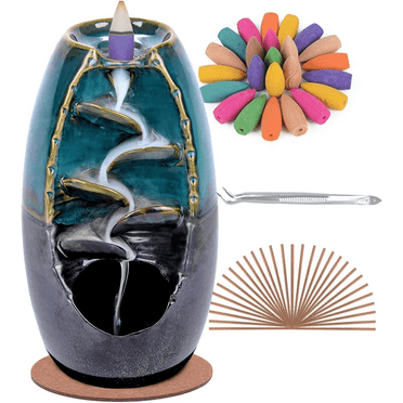 LLMRR Ceramic Waterfall Incense Burner, Backflow Incense Burner, Ornament Home Decor with 30 Incense Stick & 120 Backflow Incense Cones, Aromatherapy Ornament for Office, Yoga Room, Blue