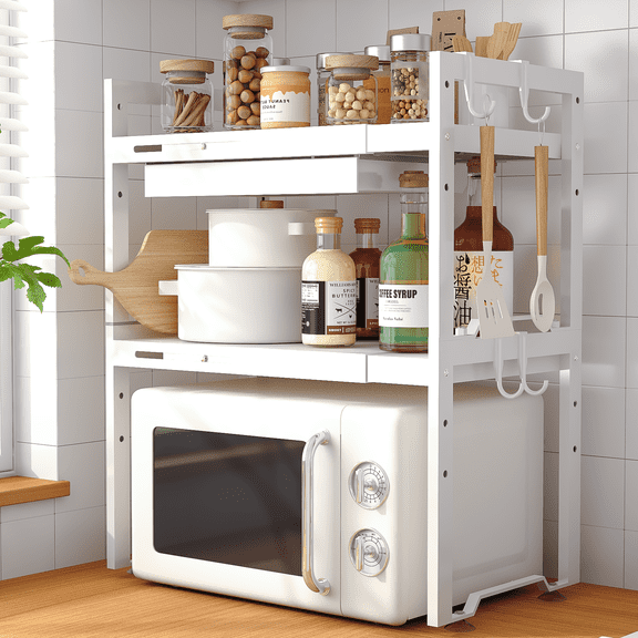 LLMRR Expandable Microwave Stand with Drawer, 3-Tier Heavy Duty Microwave Shelf with Drawer, Adjustable Height Microwave Oven Rack, Holds 55lbs, Kitchen Countertop Organizer for Kitchen, White